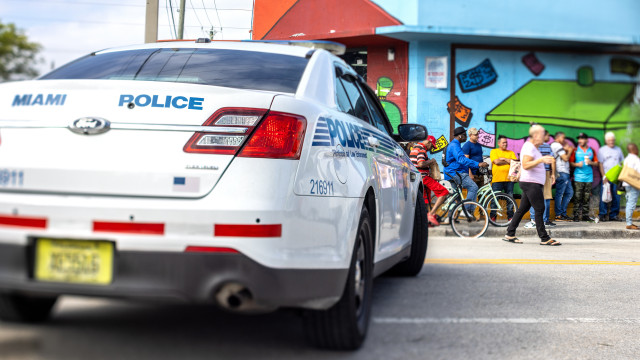 A picture taken with a tilt-shift lens shows a Miami Police Department car